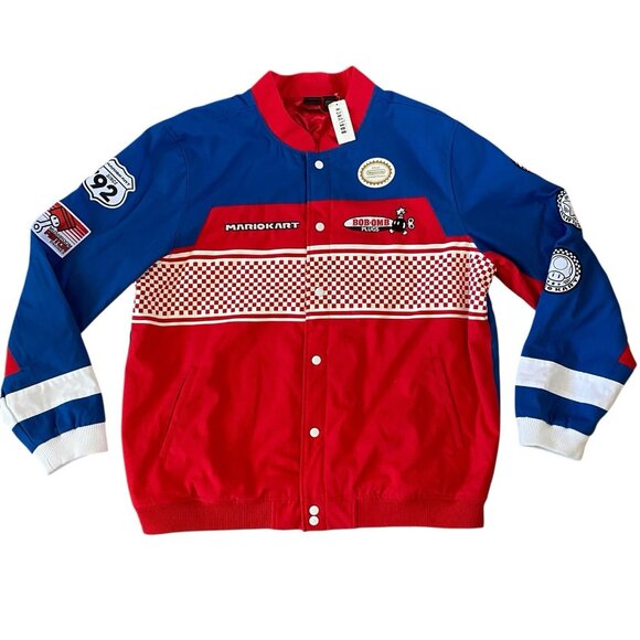 New Mario Kart Racing Bomber Jacket Adult Size XS Patches Button Down